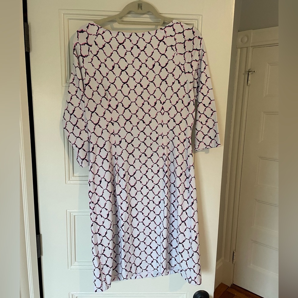 White Pink and Navy Patterned Boat Neck Dress - Picture 2 of 6